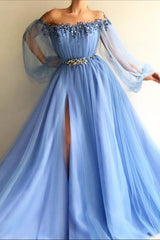 Long Sleeves Off-the-Shoulder Evening Dress With Beads