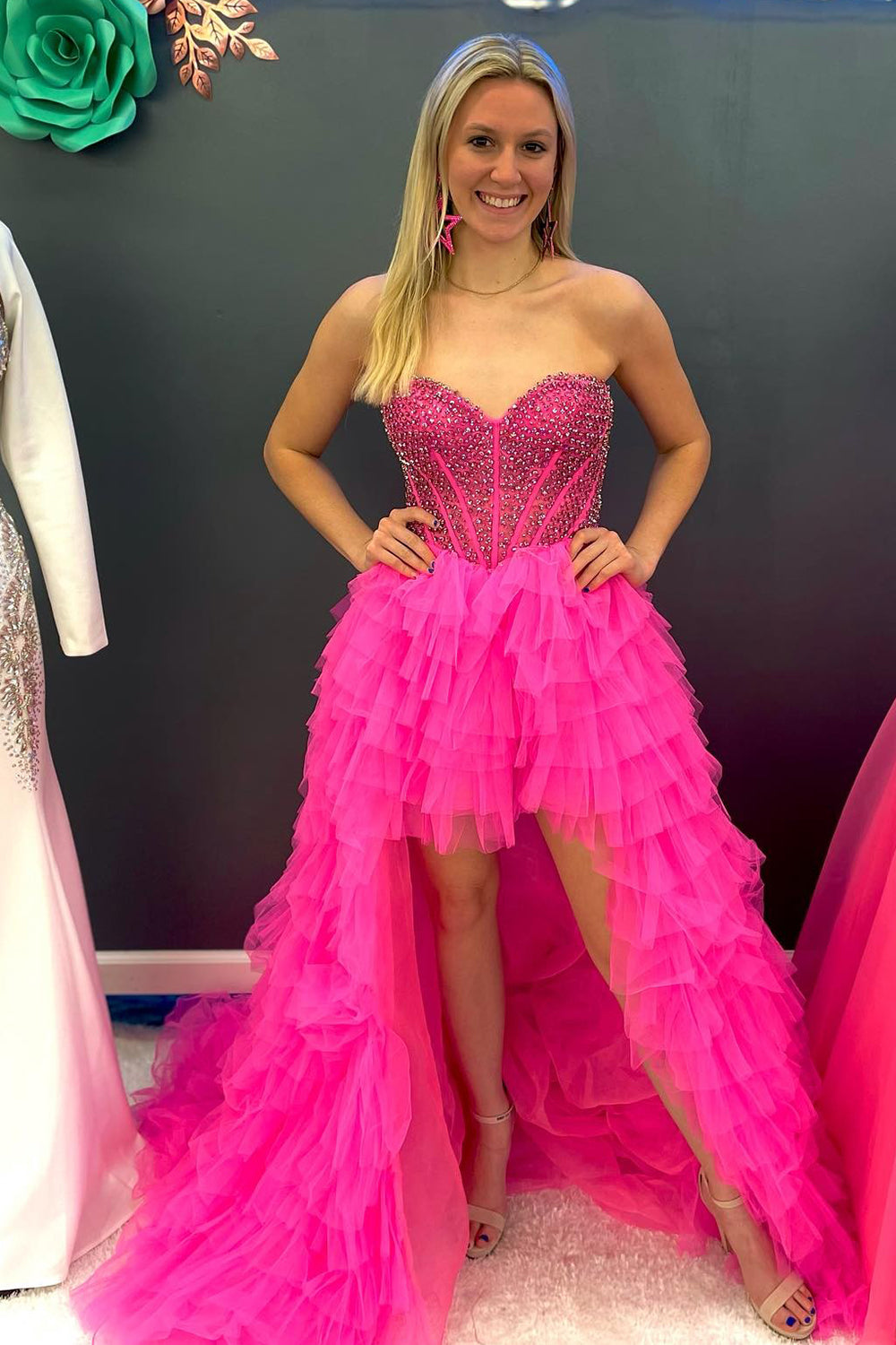 Red Beaded A-Line Tiered High Low Prom Homecoming Dress/Mini Dress