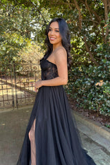 Black Sweetheart A-Line Prom Dress with Front Split Corset