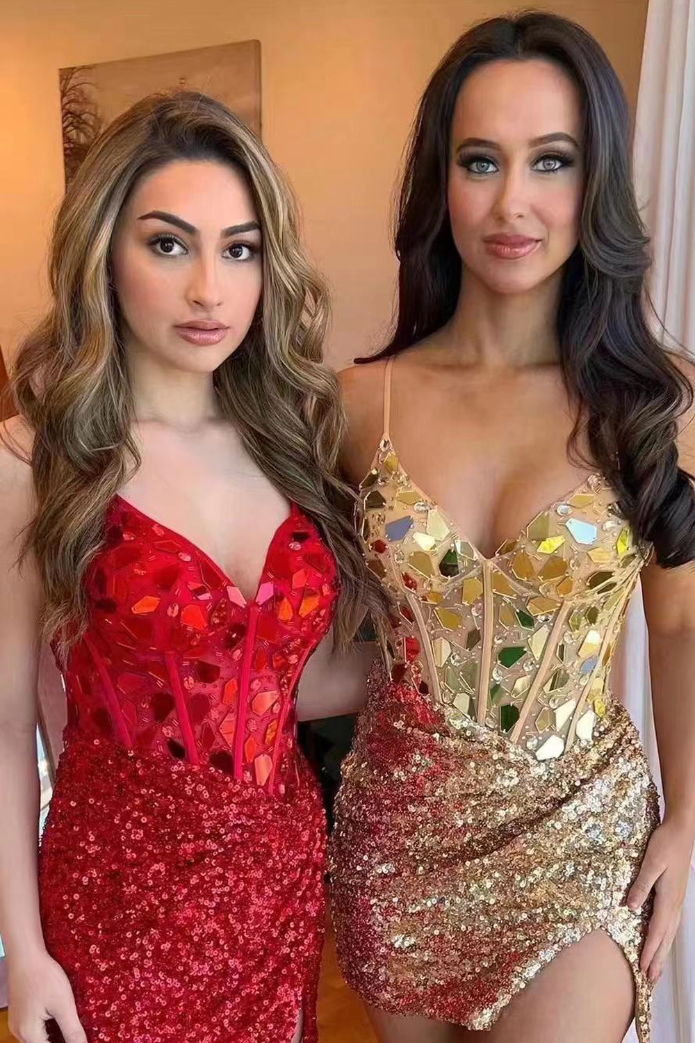 Red Glitter Corset Sequin Tight Short Mirror Homecoming Dress/Mini Dress