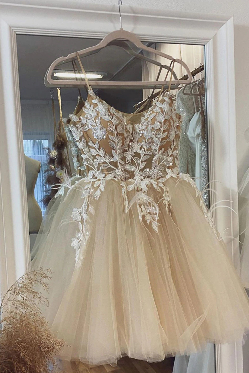 Beige Spaghetti Straps Homecoming Dress/Mini Dress With Appliques