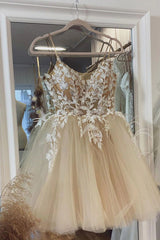 Beige Spaghetti Straps Homecoming Dress/Mini Dress With Appliques