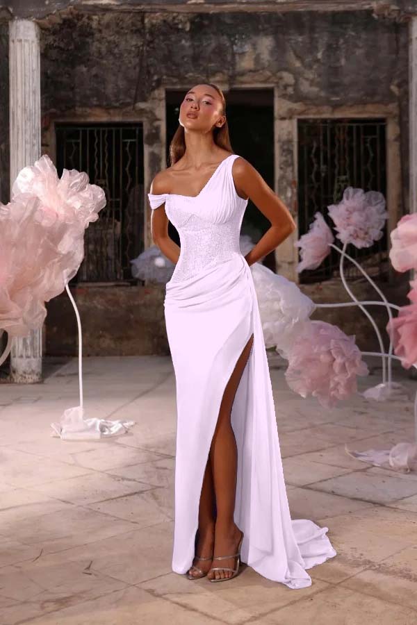Sleeveless One Shoulder Long Split Formal Dress With Pleated Sequin