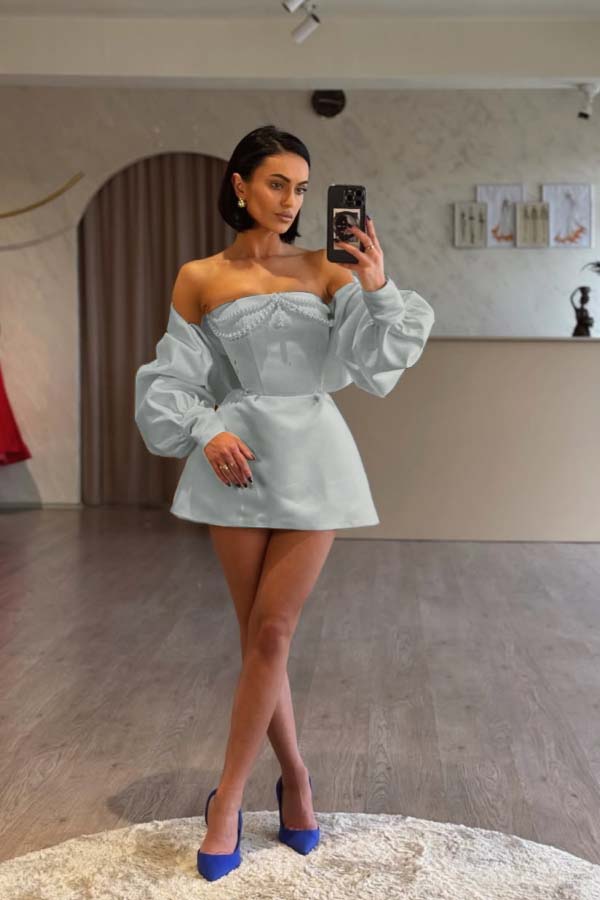 Spaghetti Strap Long Sleeves A Line Formal Dress With Beading