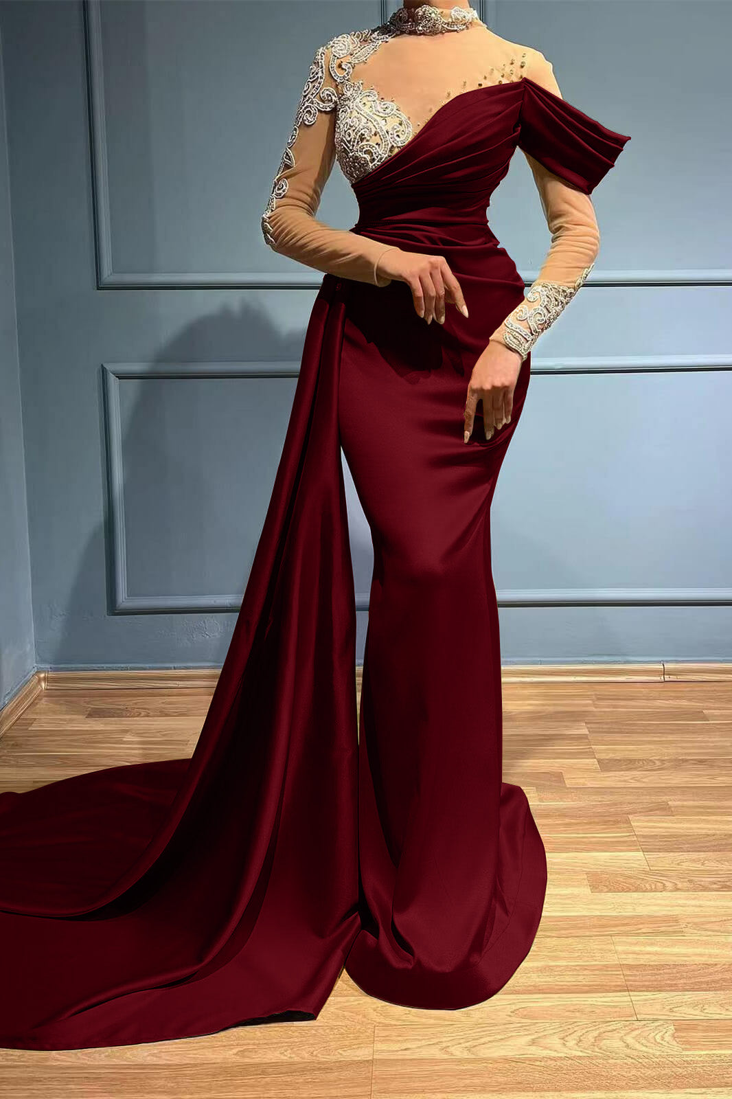 Long Sleeves High Neck Appliques Evening Dress Long With Ruffles Mermaid