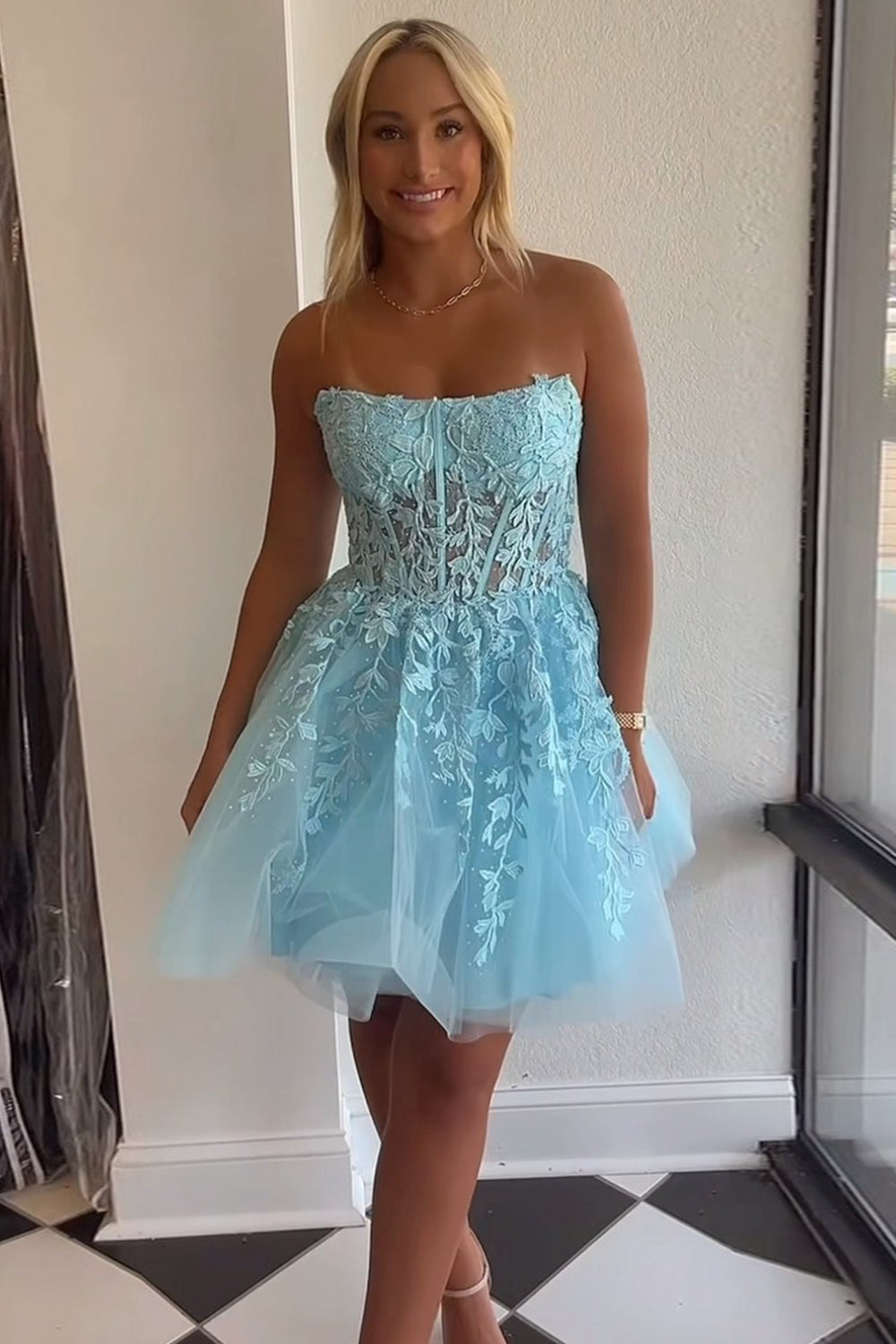 Sparkly Fuchsia Corset Lace A-Line Tulle Homecoming Dress/Mini Dress