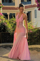 Sleeveless Halter V Neck Long Mermaid Formal Dress With Pleated