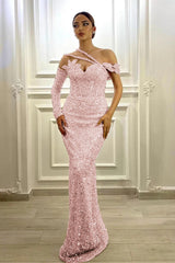 Gorgeous Long Sleeves One Shoulder Lavender Formal Dress Mermaid With Sequins