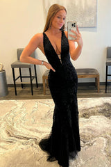 Pink Long Prom Dress with Appliques in a Mermaid Deep V Neckline
