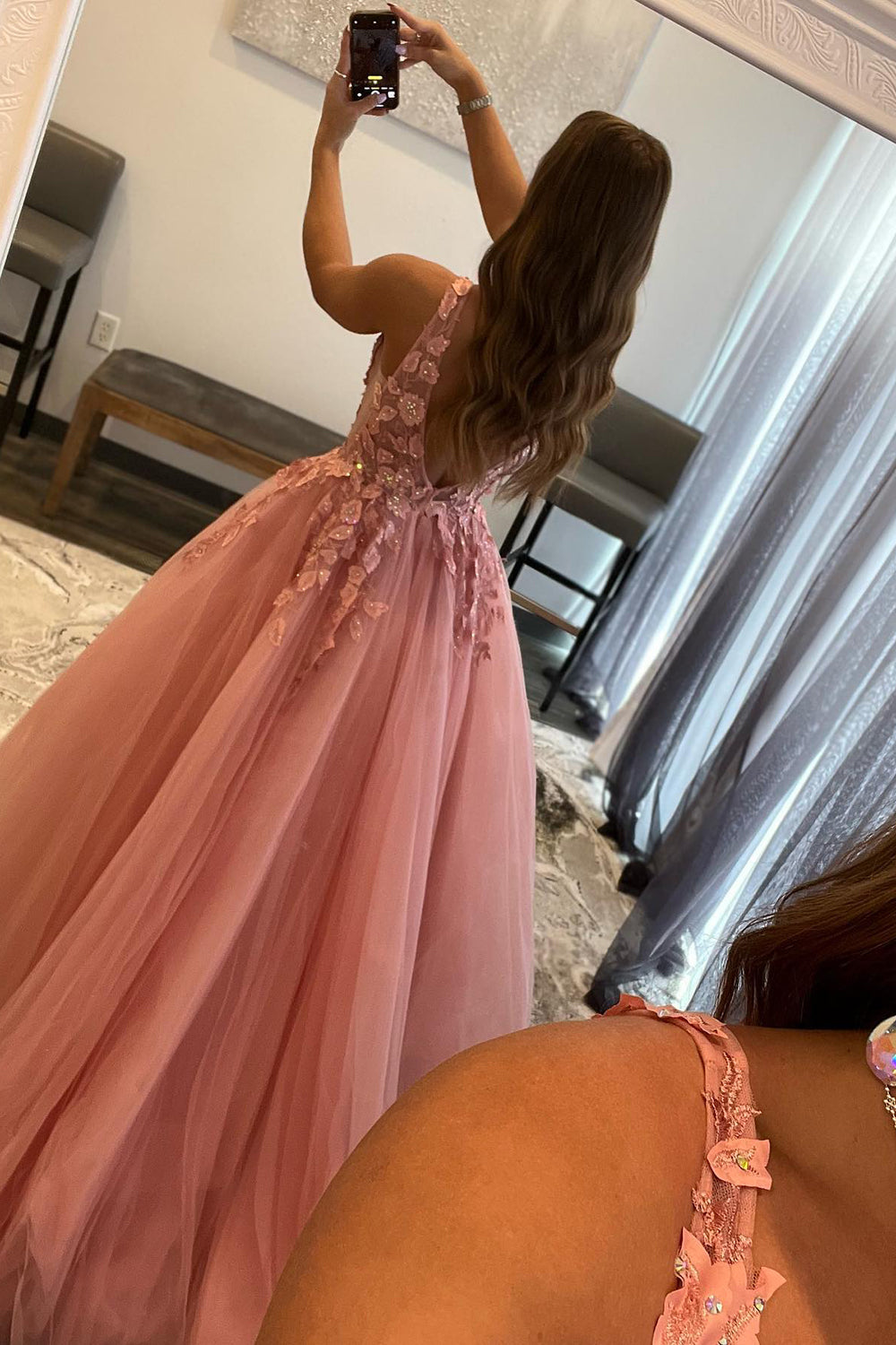 Blush A-Line Long Prom Dress with Deep V Neckline and Princess Appliques