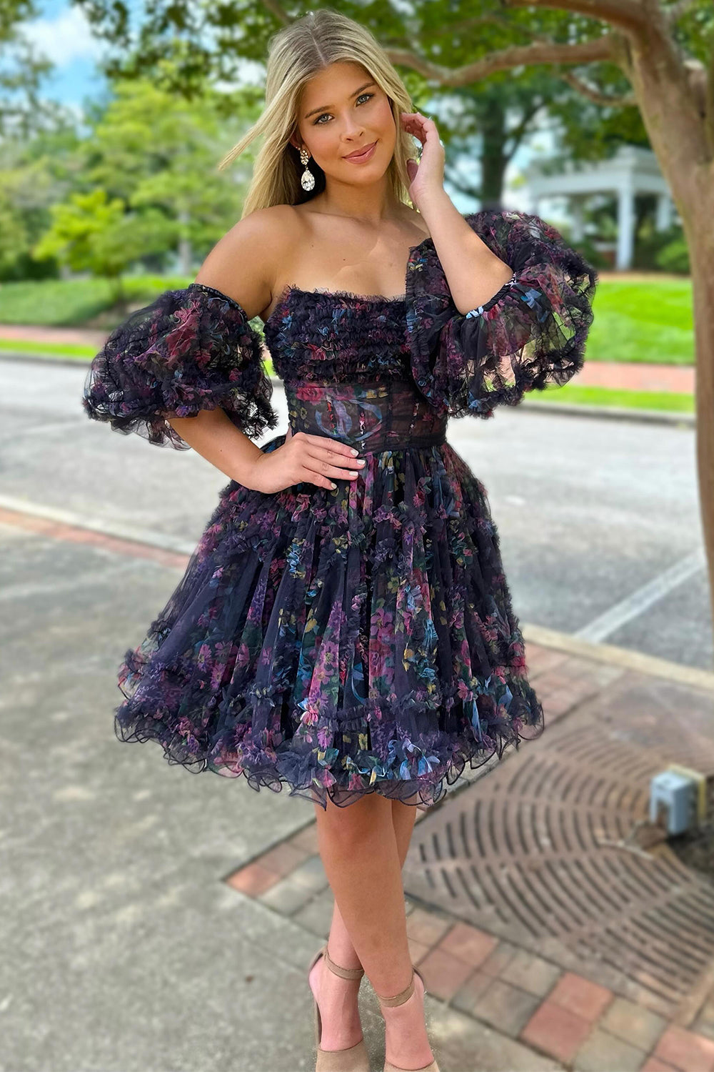 Blue Printed Detachable Sleeves Ruffled Short Homecoming Dress/Mini Dress