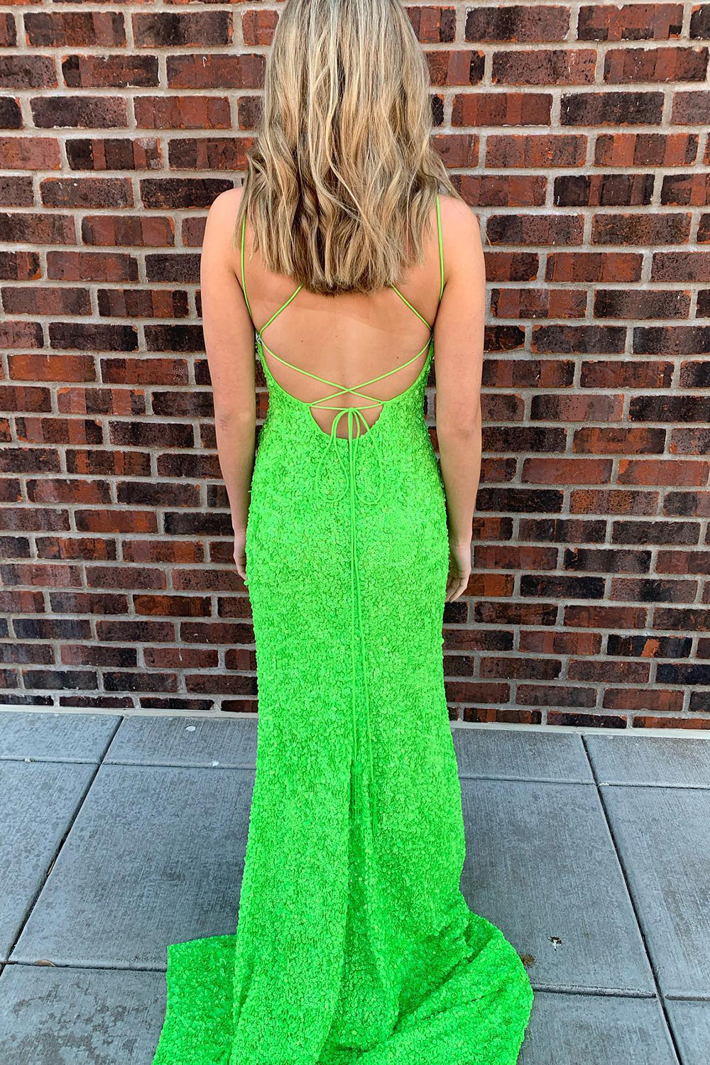 Long Prom Dress in Fluorescent Green with Criss Cross Back and Sequins