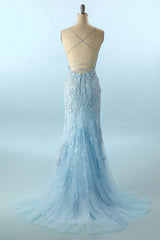 Backless Evening Gown in Long Mermaid Blue Prom Dress