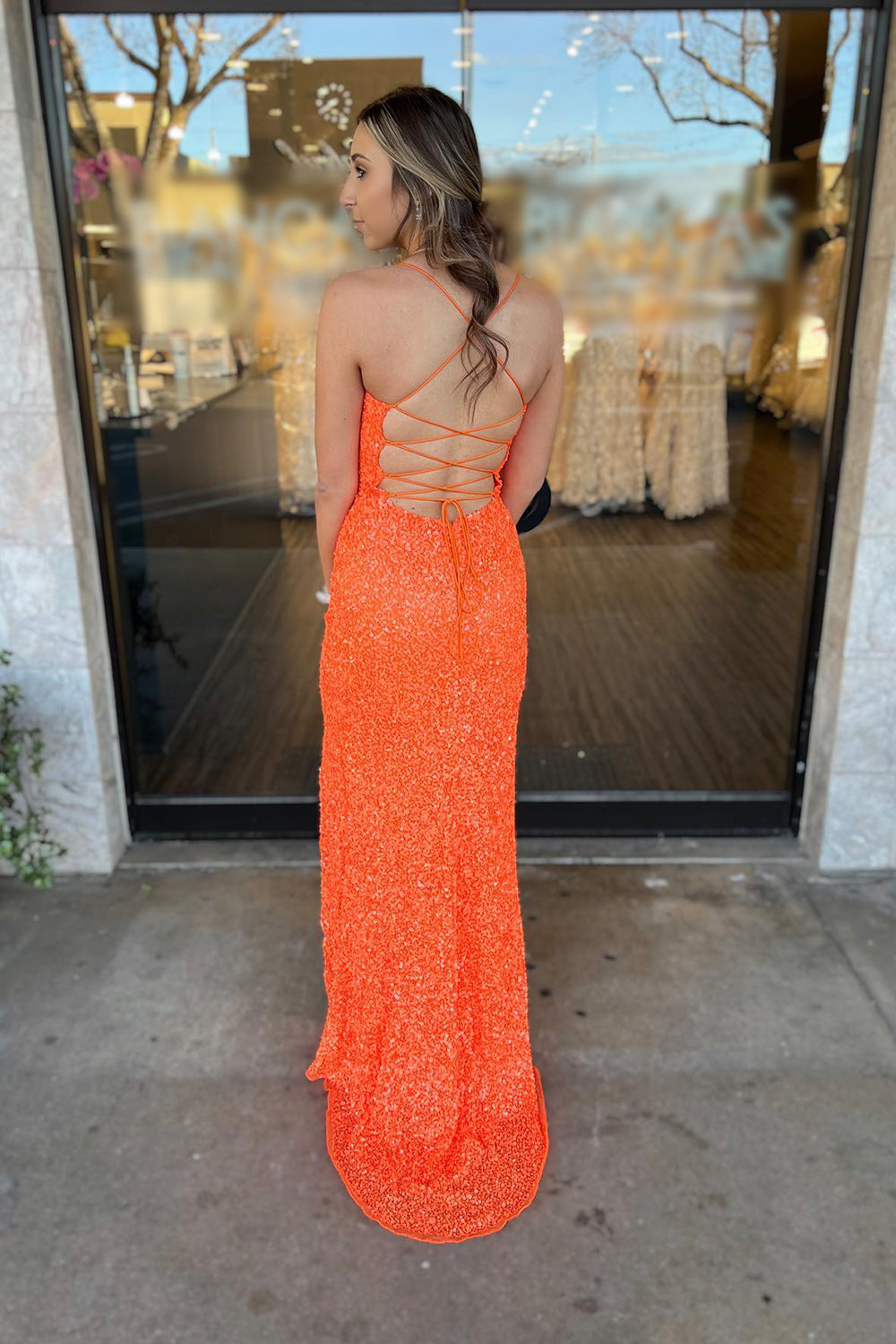 Long Royal Blue Prom Dress with Sparkly Sequins Backless Design and Slit