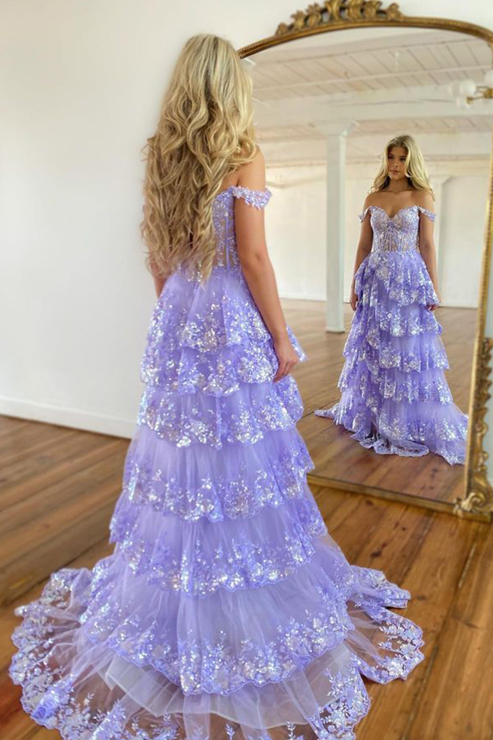 Long Tiered Off-the-Shoulder Corset Prom Dress in Fuchsia with Sequins for Princesses