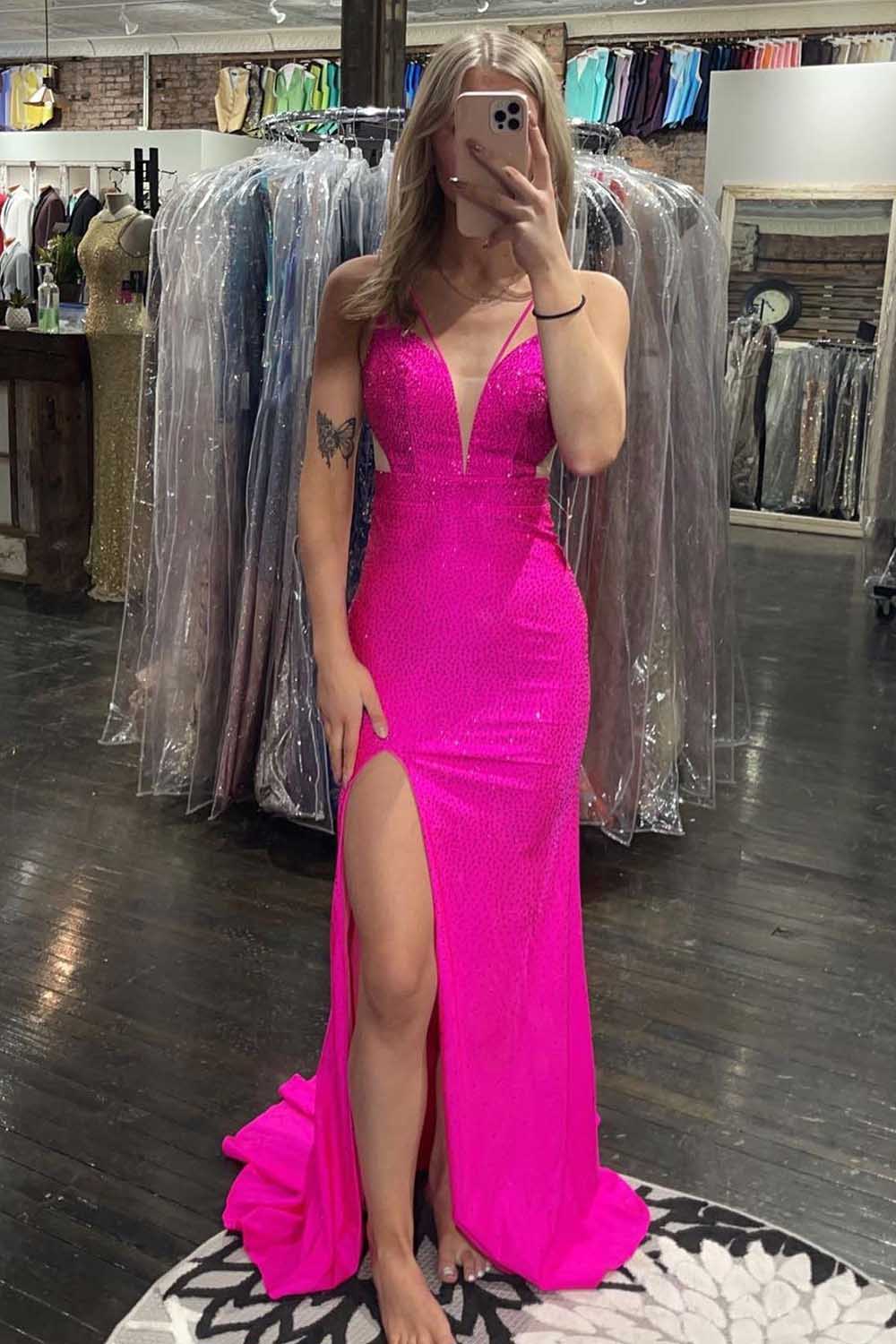Mermaid Prom Dress in Hot Pink with Beading and Slit