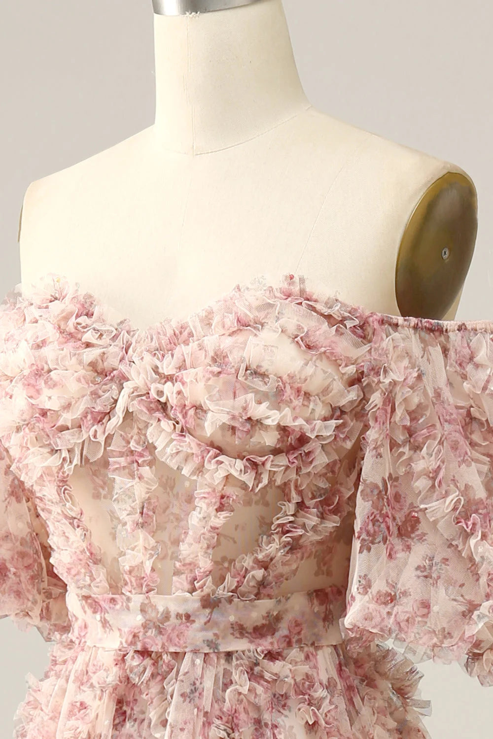 Elegant Pink Floral Printed Off-the-Shoulder Corset Prom Dress with Sweep Train