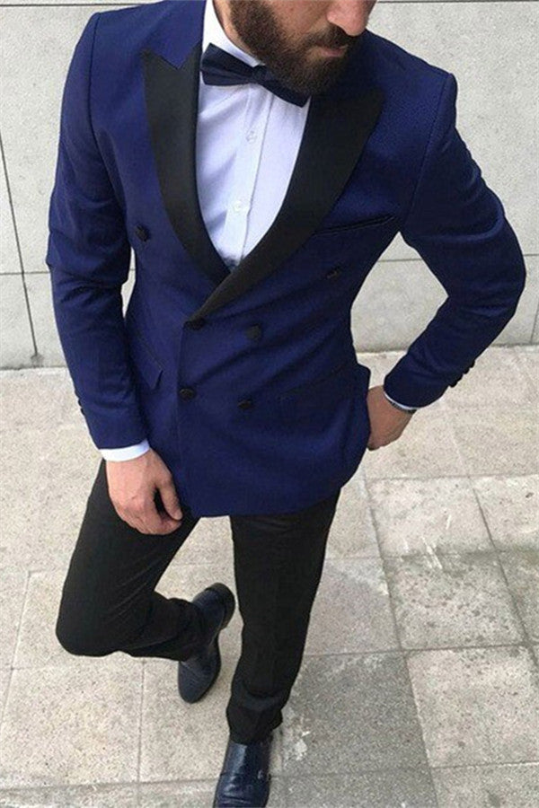 Fashion Navy Blue Double-Breasted Peaked Lapel Prom Suits for Guys