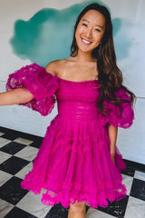 Fuchsia Corset Puff Sleeves A-Line Short Homecoming Dress/Mini Dress with Ruffles