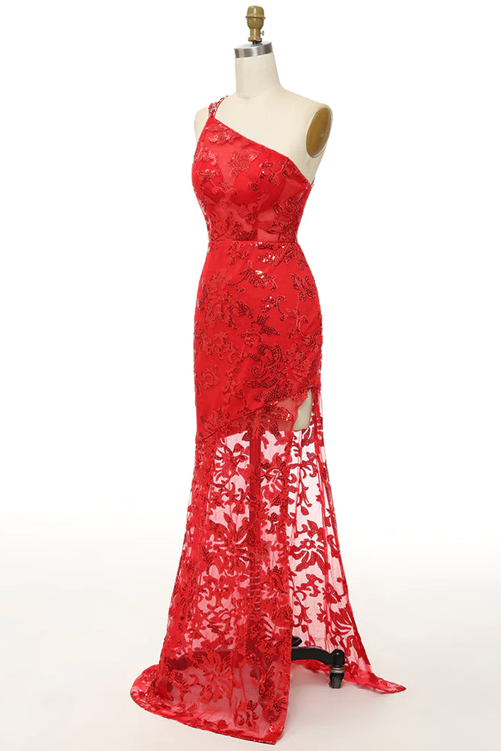 One Shoulder Lace Prom Gown with Sheath Silhouette