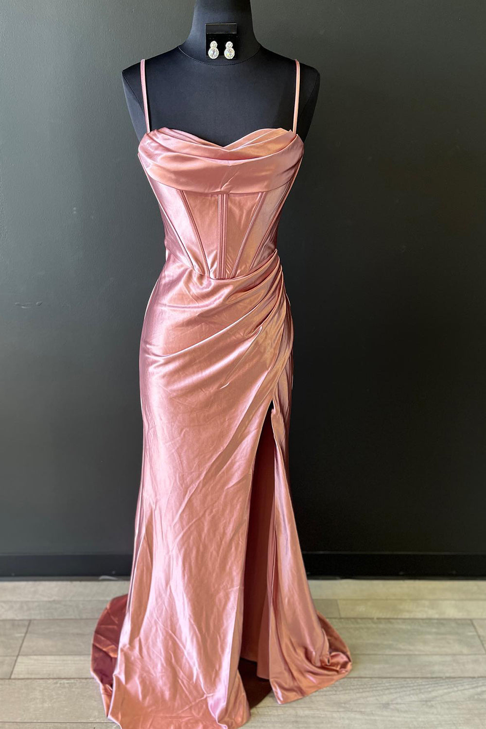 Satin Mermaid Prom Dress in Hot Pink with Spaghetti Straps and Slit