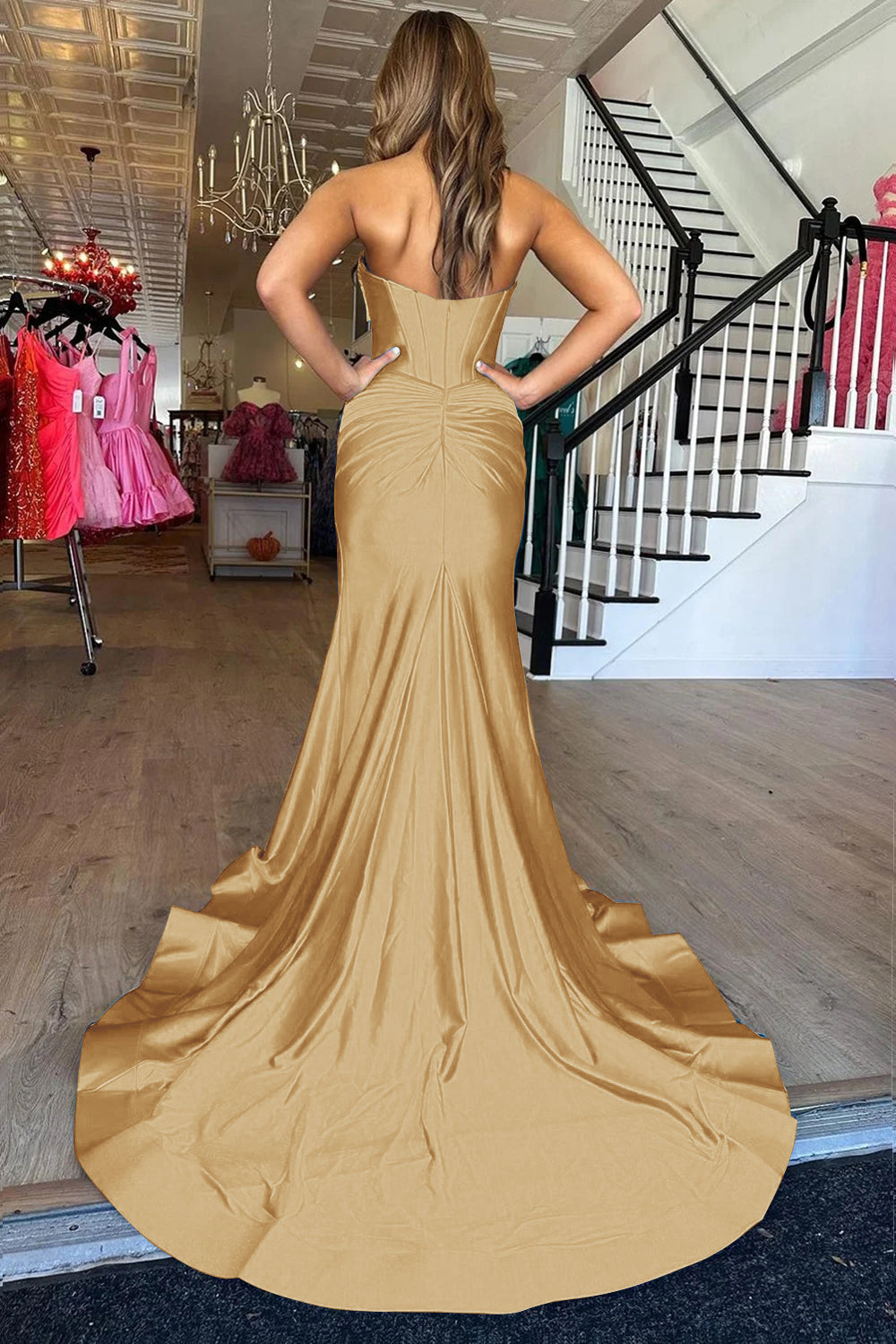 Long Orange Satin Mermaid Prom Dress with Corset and Slit