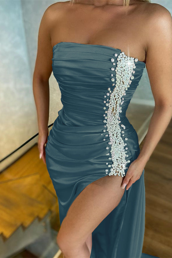 Sleeveless Mermaid Strapless Light Pink Pearls Evening Dress With Split