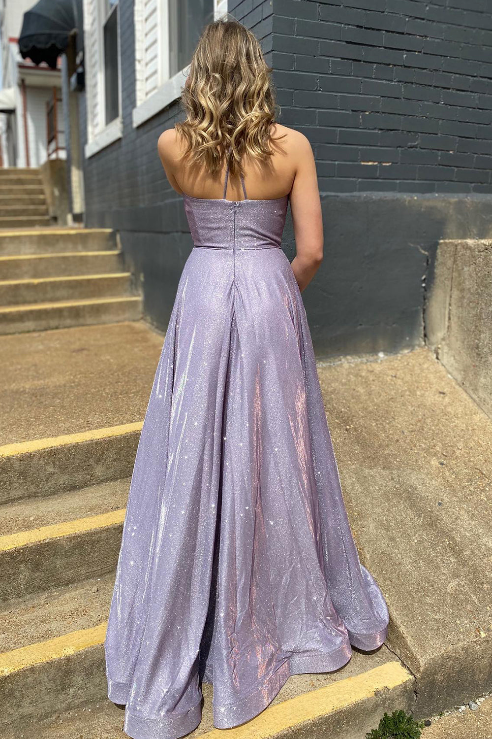 Long Prom Dress with Lilac Spaghetti Straps