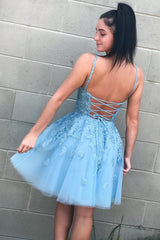 Cute A Line V Neck Light Blue Short Homecoming Dress/Mini Dress with Appliques