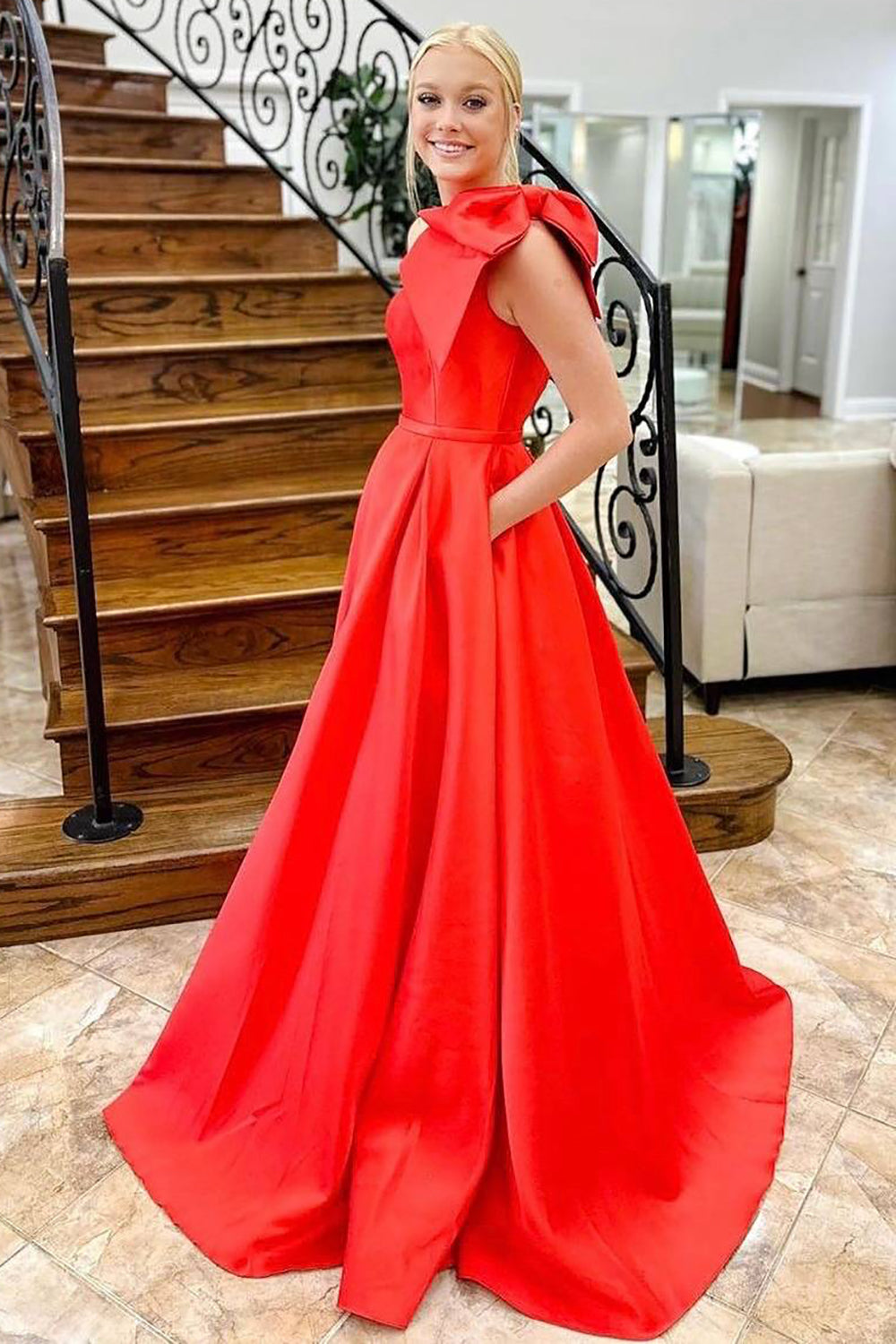 Red One-Shoulder A-Line Prom Dress with Bowknot Gift of Love