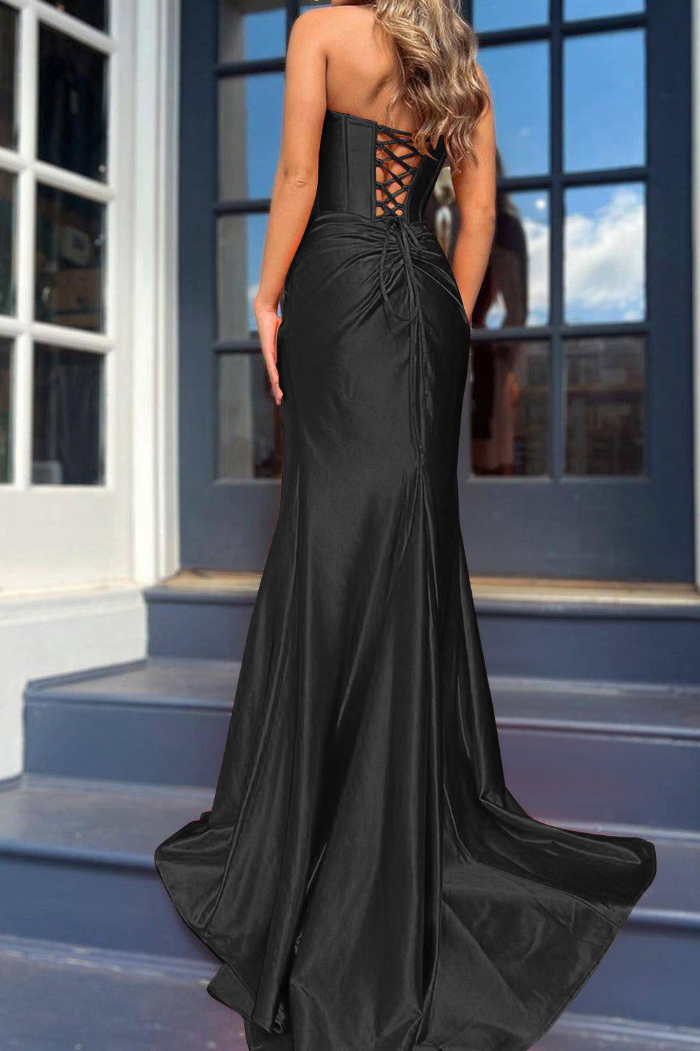 Orange Strapless Mermaid Corset Prom Dress Featuring a Front Split