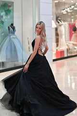 Black Long Prom Dress with Spaghetti Straps and Criss Cross Back in A-Line Silhouette