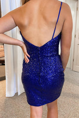 Royal Blue Glitter One Shoulder Tight Homecoming Dress/Mini Dress