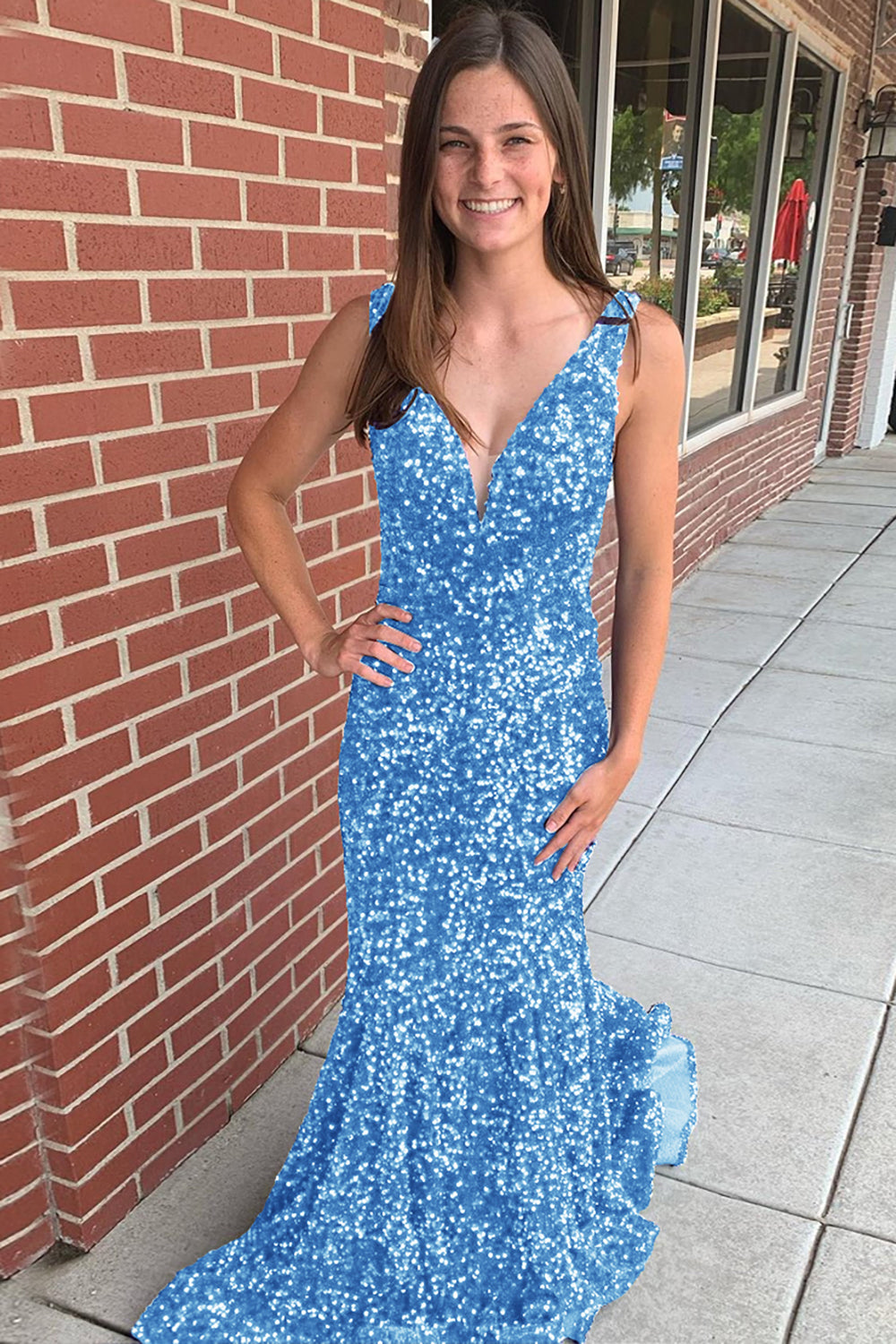 Long Prom Dress with Sequins in Mermaid Blue V-Neck