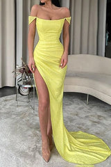 Yellow Long Prom Dress with Sequins Off-the-Shoulder Sheath