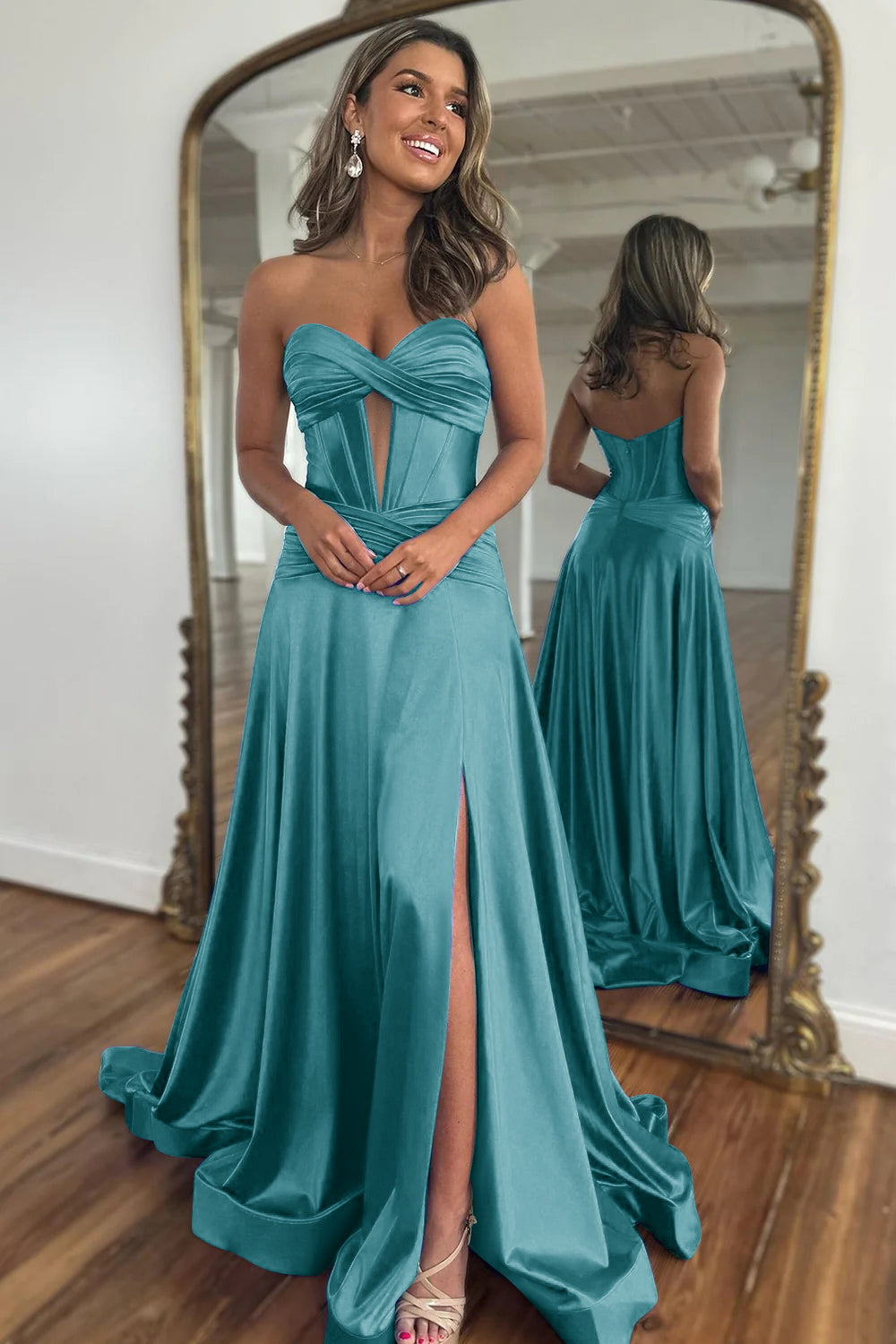 Elegant Blue Sweetheart Corset Prom Dress with A-Line Skirt and Front Split