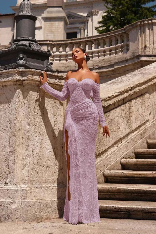Off the Shoulder Long Sleeves Long Mermaid Formal Dress With Lace Appliques