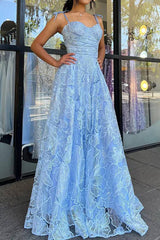 Elegant Blue Long Prom Dress with Lace and Spaghetti Straps in A-Line