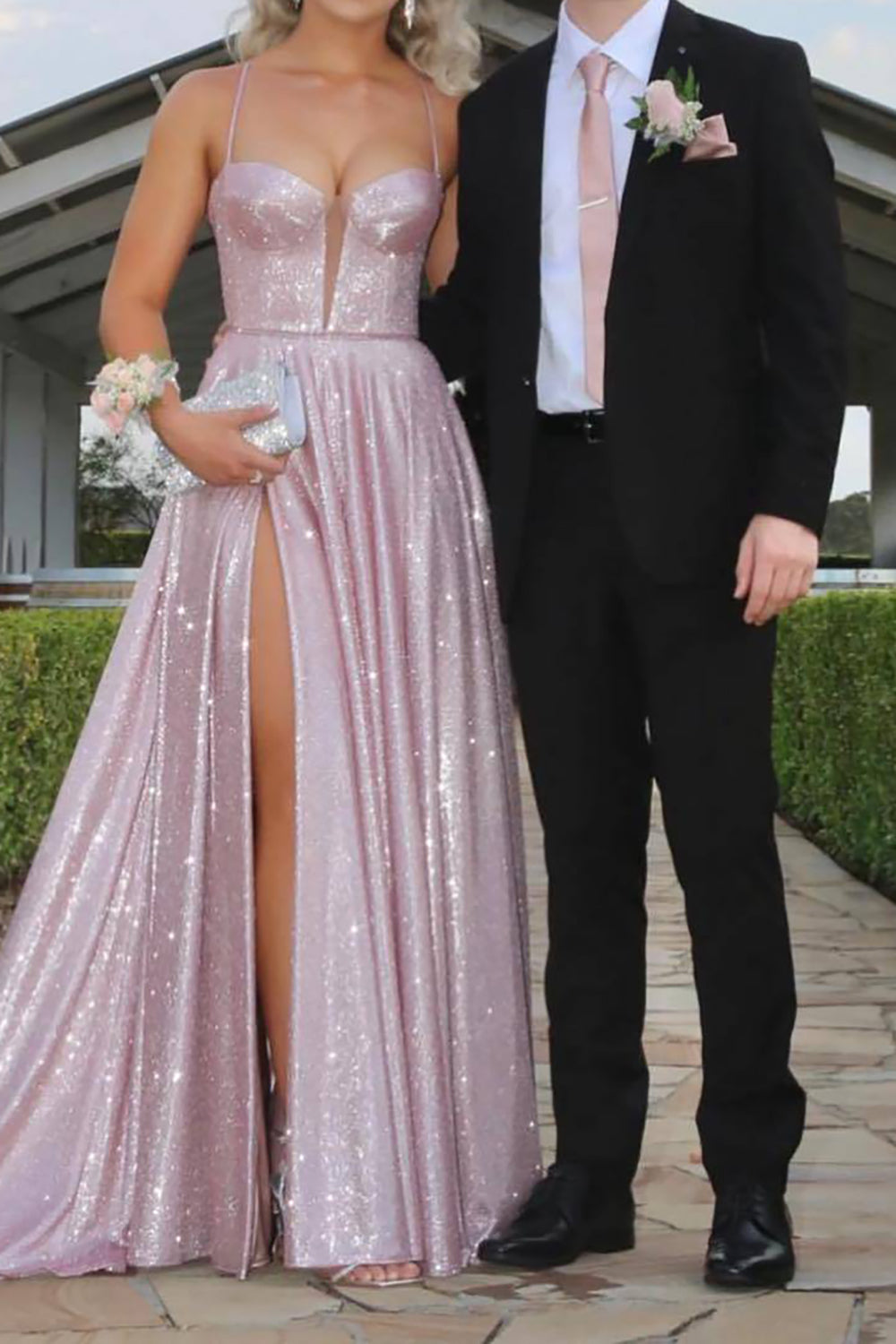 Long Blush Prom Dress with Spaghetti Straps and Front Split in A-Line Style