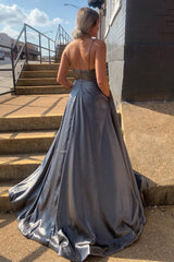 Long Backless Prom Dress with Grey Spaghetti Straps