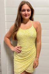 Sparkly Yellow Sequins Asymmetrical Tight Homecoming Dress/Mini Dress