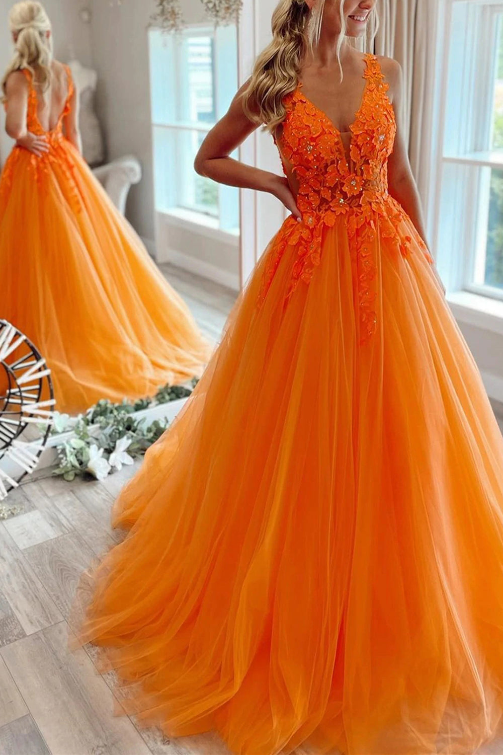 Blush A-Line Long Prom Dress with Deep V Neckline and Princess Appliques