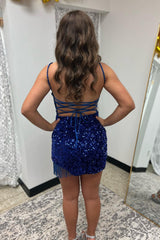 Royal Blue Sequined Tight Homecoming Dress/Mini Dress with Fringes