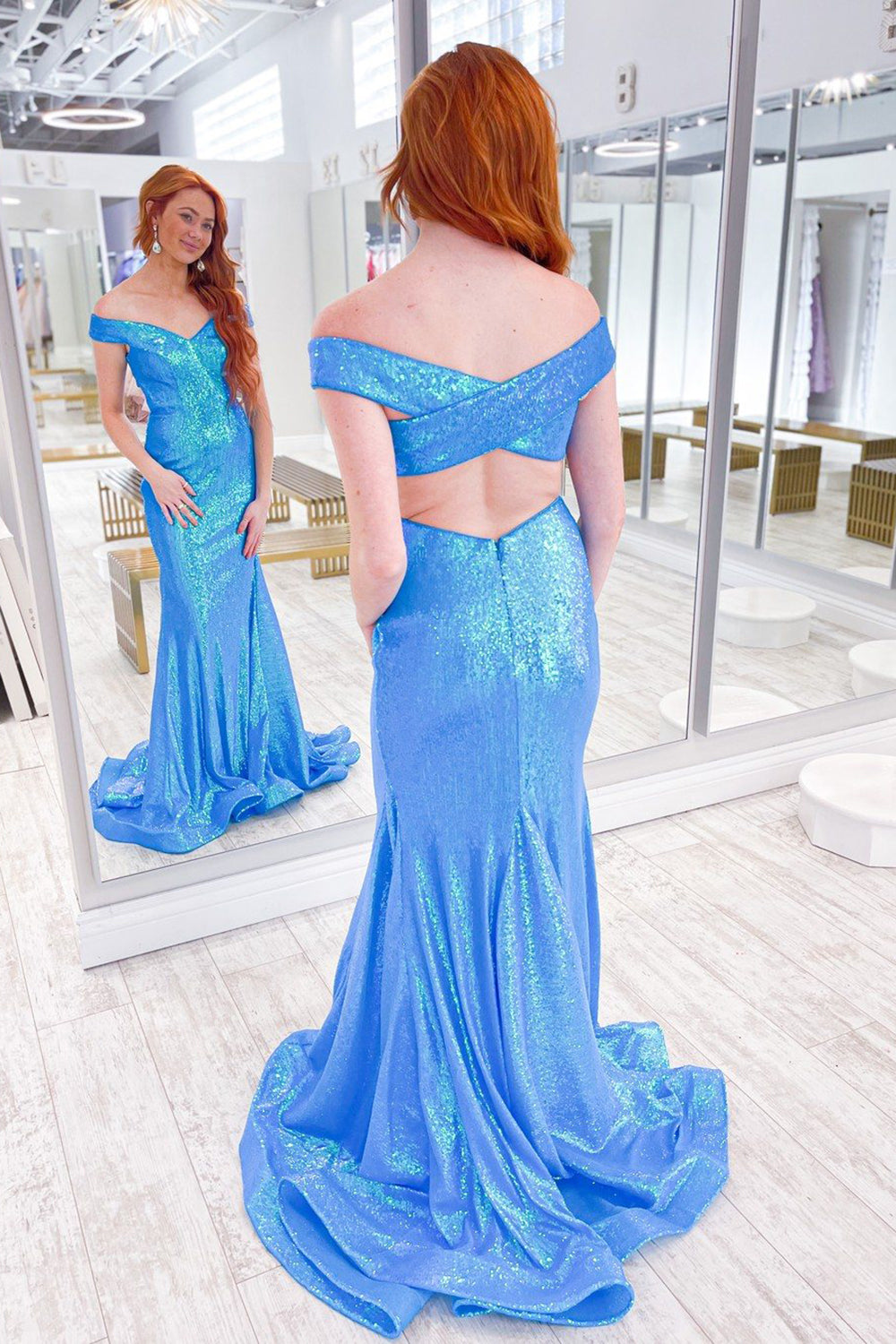 Sequined Blue Mermaid Prom Dress with Off-Shoulder Design