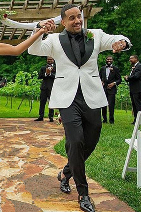 Unique One-Button White Jacquard Shawl-Lapel Wedding Men's Suit