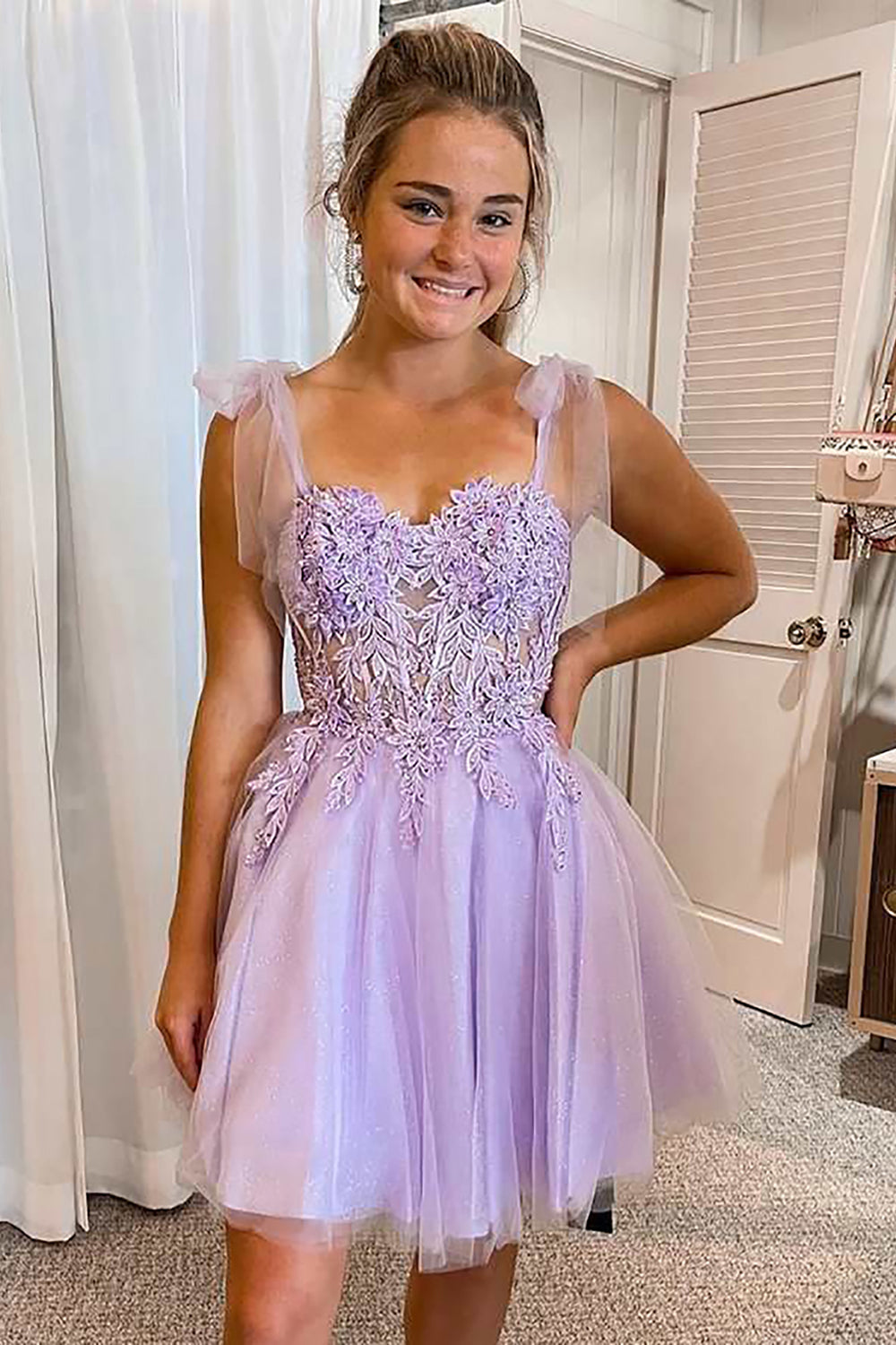 Purple Corset A-Line Tulle Short Homecoming Dress/Mini Dress with Lace