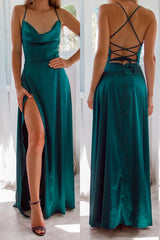 Spaghetti-Straps Dark Green Front Split Evening Dress Strapless