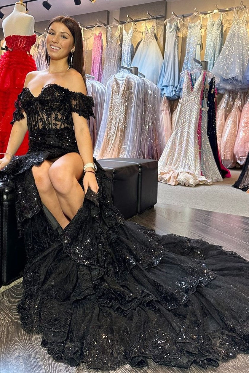 Long Red Prom Dress with Lace in an Off-the-Shoulder A-Line Design