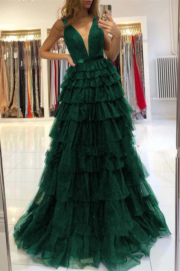 Evening Dress Sleeveless Layered V-Neck