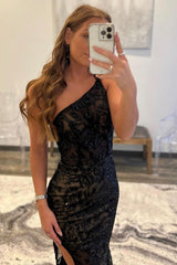 Black Sequined Long Prom Dress with Front Split and One Shoulder Sheath